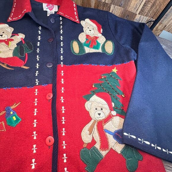 Vintage Keren Hart Christmas Teddy Bear Cardigan Sweater – Size M - Picture 2 of 7